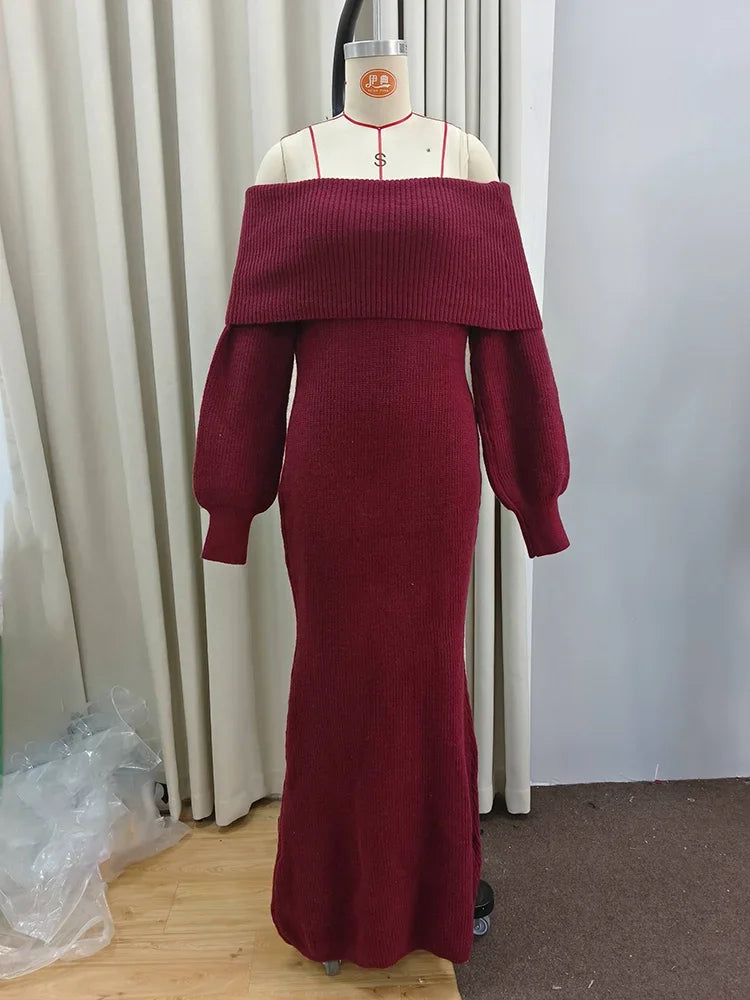 JazzHer Off Shoulder Long Sleeve Knitted Maxi Dress Women Solid Fashion Backless Bodycon Vestidos 2024 New Lady Party Streetwear