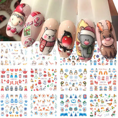 JazzHer 12pcs Cute Christmas Nail Stickers Cartoon Animal Design Penguin Bird Cat Dog Bear Nail Slider Water Decals Decoration Manicure