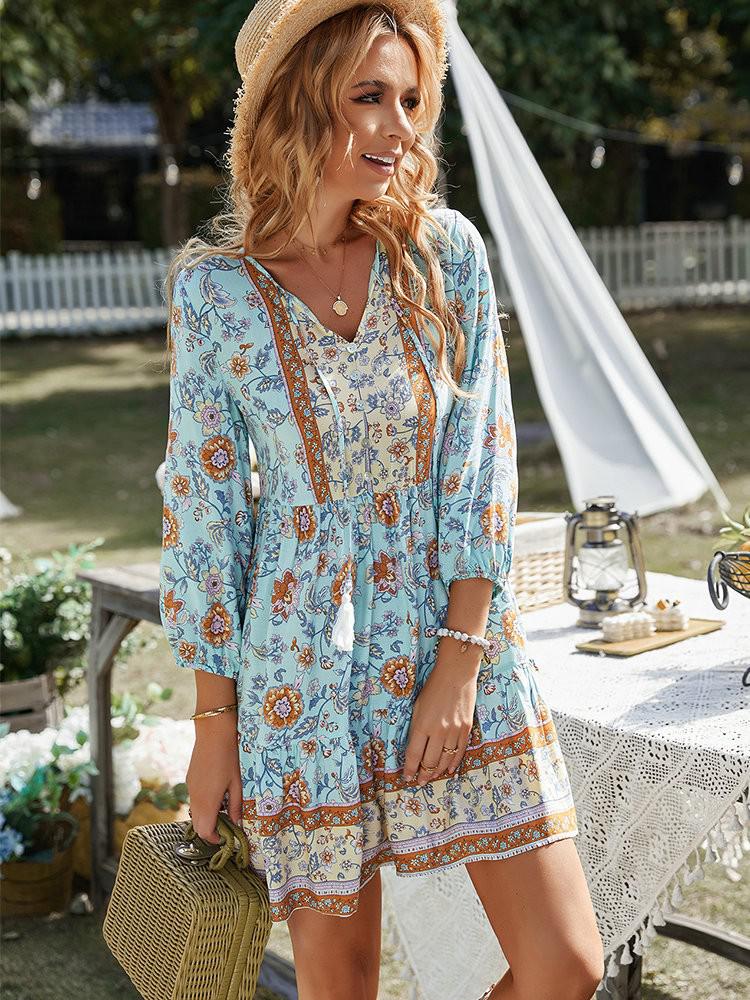 JazzHer Print Long Sleeve Boho Dress Women Sexy V-neck Casual Holiday Short Dress Spring Summer Beach Sundress Viscose A-line Dress