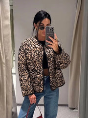 JazzHer Women Winter Fashion Leopard Print Cotton Coats Chic Long Sleeves Pocket Single-breasted O-neck Warm Jackets Lady New Streetwear