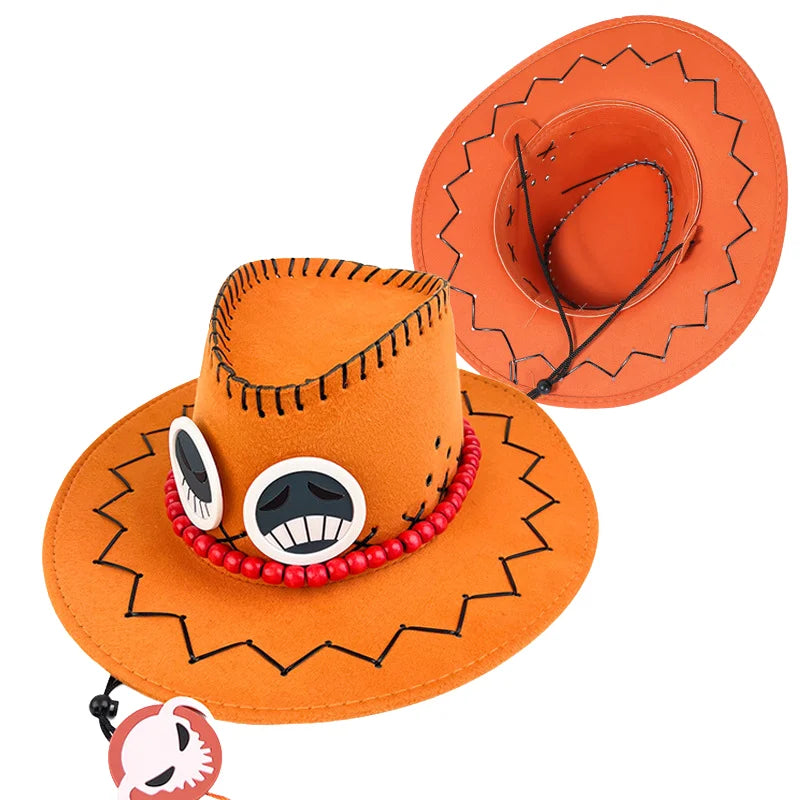 JazzHer New Arrival Anime Ace Cosplay Hats Unisex Luffy Ace Orange Cowboy Cap for Kids Adult Halloween Carnival Cosplay Accessories