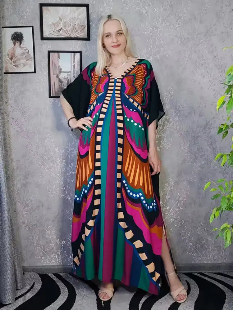 JazzHer Bohemian Butterfly Printed V Neck Batwing Sleeve Dresses For Women Clothing 2023 Beach Wear Causal Long Dress Vestidos Q1342