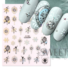 JazzHer Laser Silver Lace Clock Nails Design Stickers 2024 New Year Countdown Ballet Adhesive Decals Snowflakes Decoration Wraps LYCJ082