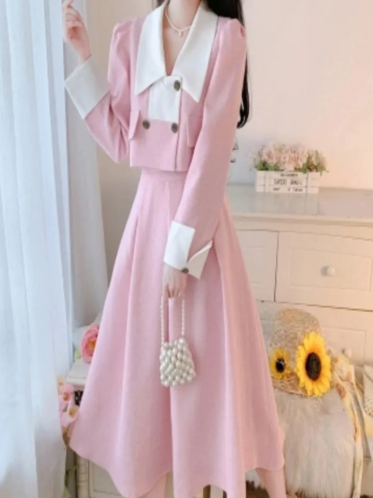 JazzHer 2024 Fall Fashion Women Elegant Double-breasted Color-block Long-sleeve Jacket High Waist Skirt Suit Two-piece Suit