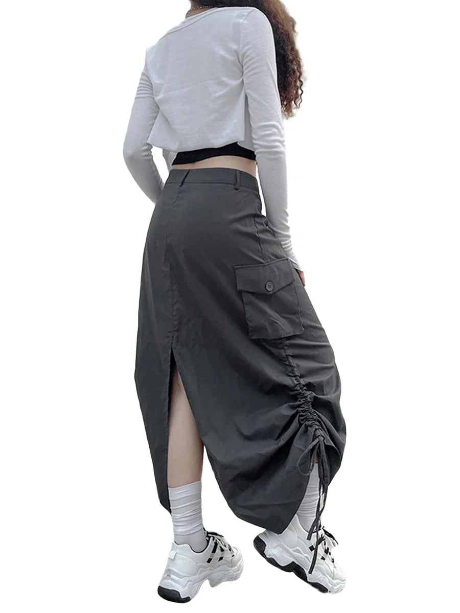 JazzHer Retro Women Long Cargo Pocket Baggy Skirts Side Drawstring Low Rise Solid Pockets Hip Hop Straight Skirts Y2k Streetwear