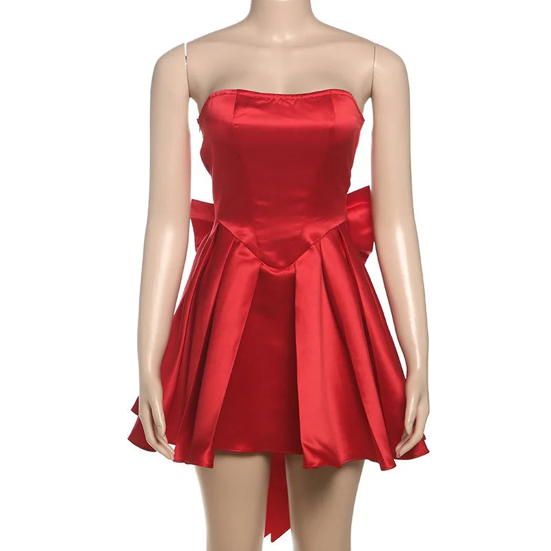 JazzHer Satin Strapless Evening Club Party Dress Women Robes Backless Bow Elegant Sexy Dress Bodycon Mini Summer Dress Vestidos