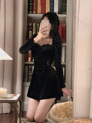 JazzHer 2024 Autumn Slim Black Velvet Dress Casual Korean Fashion Elegant Midi Dress Woman Party Long Sleeve Vintage Lace Dress Design