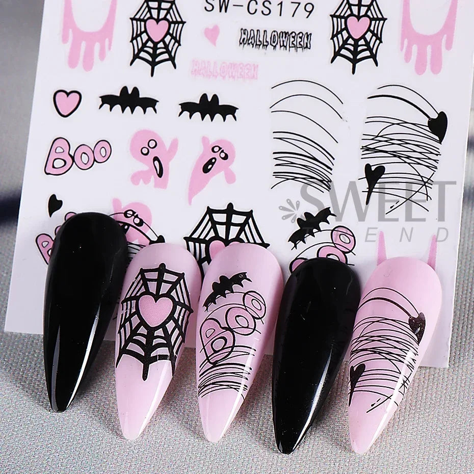 JazzHer Halloween 3D Nail Art Stickers Pink Ghost Pumpkin Spider Web Sliders Scorpion Bat Dripping Blood Decals Decorations Manicure