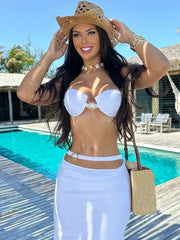 JazzHer 3 Piece Swimsuit White Bathing Suit with Long Skirt Bush up Bikini Sets 2025 New Brazil Biquini Sexy Cutout Waist Beachwear K150