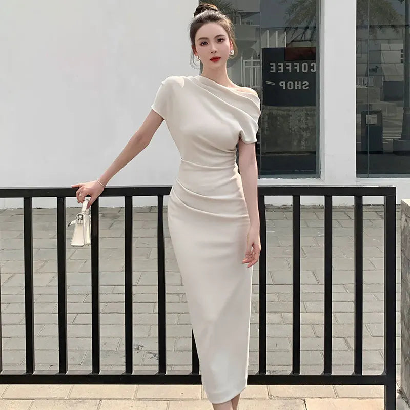 JazzHer-Elegant Chic Party Evening Dress for Women One Shoulder Folds Ladies Fashion Vintage Slim Long Bodycon Dresses Summer