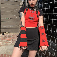 JazzHer Punk Style T-shirt y2k Gothic Contrast Baby Tee with Detachable Reversible Arm Warmers Harajuku Grunge Crop Top Women