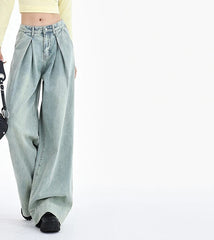 JazzHer Full Length Denim Pants Distressed Women Straight Wide Leg Jean Vintage Spliced Jeans Loose High Waist Washed Casual Solid