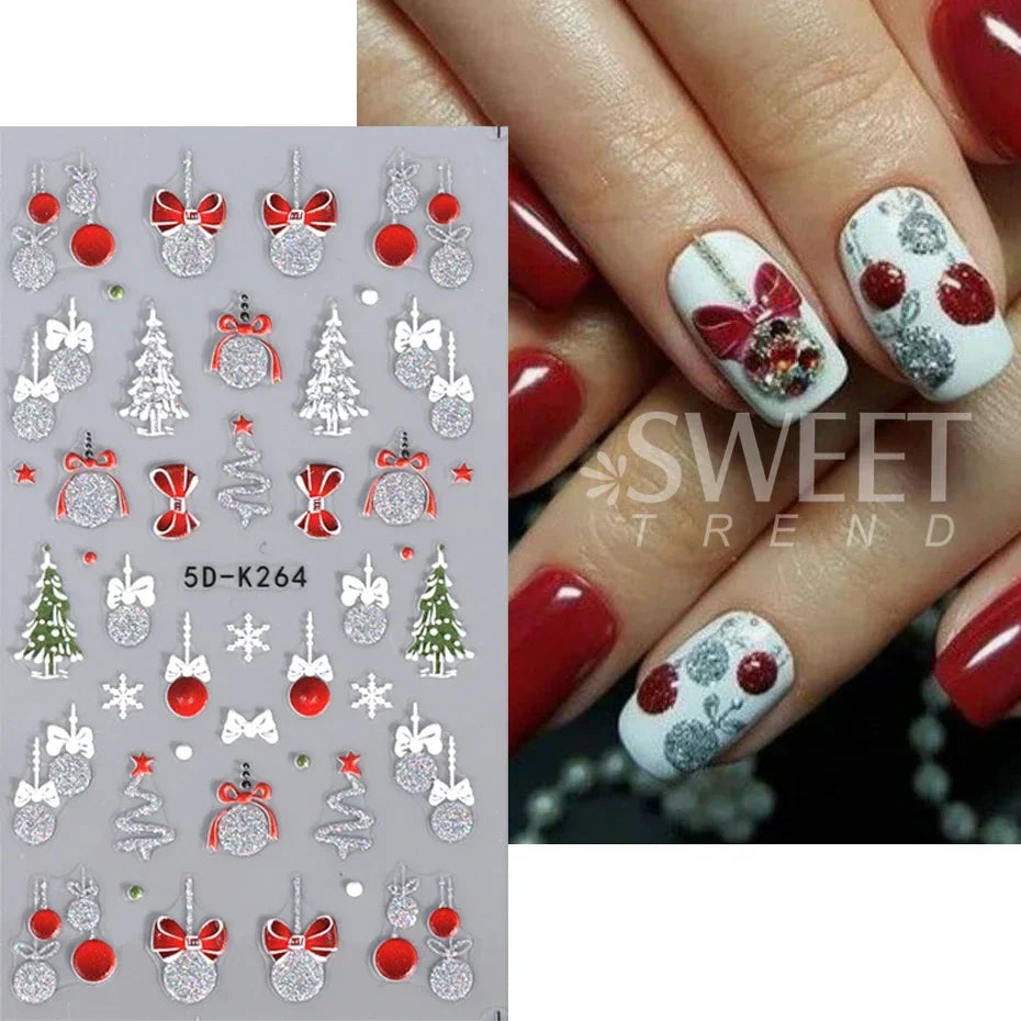 JazzHer Christmas Nail Sticker 5D Gold Glitter Snowflake Elk Penguin Bells Design Adhesive Nail Slider Decals Winter Manicure Decoration