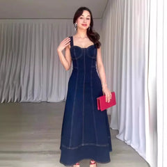 JazzHer Women Dresses Square Collar Sexy Denim Camisole Dress Vestidos Loose Fit Spliced Washed Vintage 2024 Summer High Street