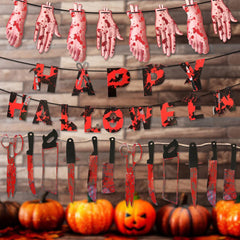 JazzHer Halloween Banner,Horror Bloody Knife Banner,Letter Banner,Halloween Party Decorations,Horror Photo Props Garland