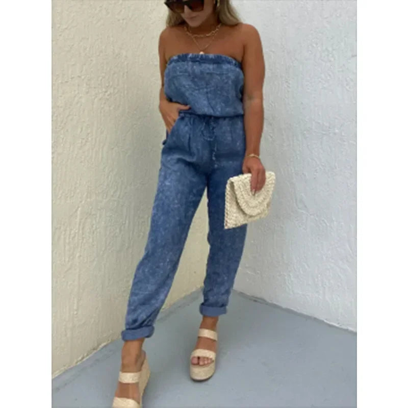 JazzHer Women Jumpsuits One Piece Strapless Denim Jeans Overalls Solid Pencil Pants Pockets Spliced Sexy Slim Fit High Street 2024