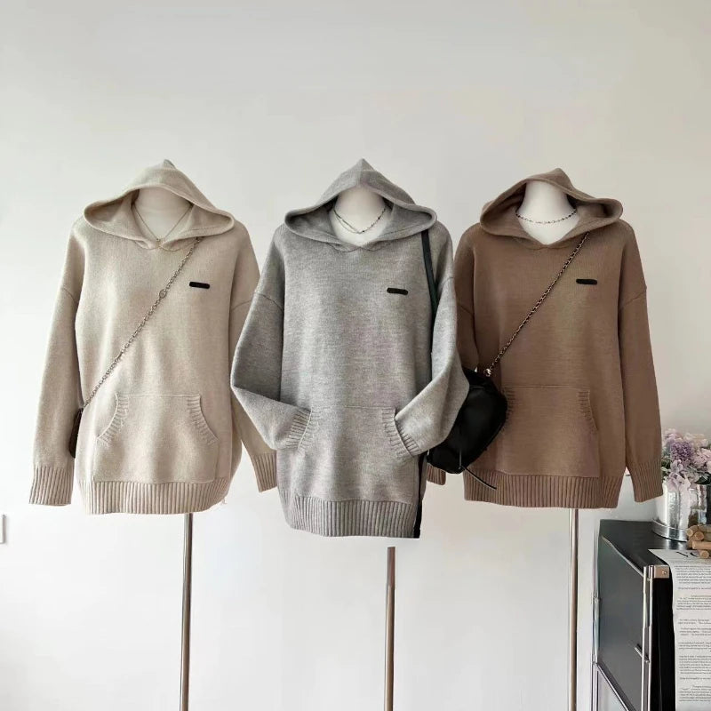 JazzHer 2024 Fall Fashion 2024 Autumn Winter Loose Hooded Clothing Woman Korean Fashion Knitted Sweater Casual Outwear Pure Color Elegant Pullover Chic