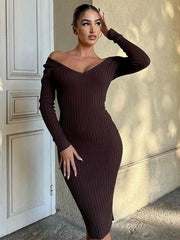 JazzHer 2024 Fall Fashion 2024 Spring Knitted Dress Women V-Neck Long Sleeve Bodycon Sweater Dresses Basic Elastic Casual Skinny Vestidos Black