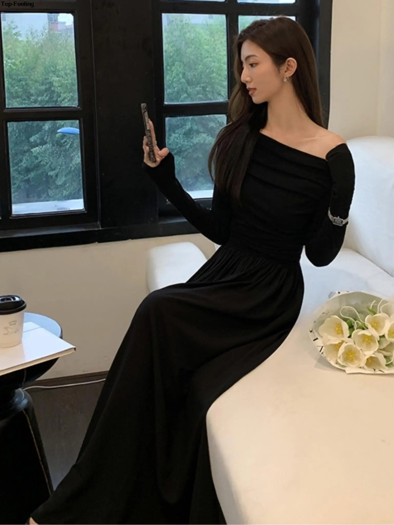 JazzHer Autumn Fashion White Knitted Dress Women Elegant Sexy Off Shoulder Slim A-Line Robe Korean Spring Casual Long Sleeve Clothing