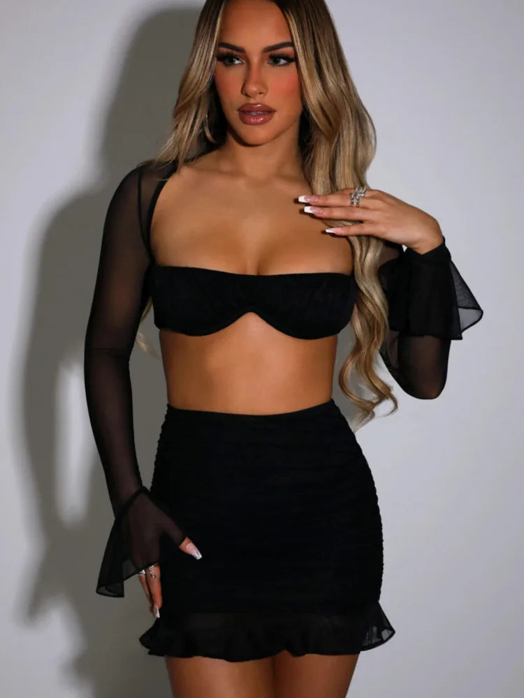 JazzHer Mesh Sexy Dress Set Women Strapless Full Sleeve Crop Top And Mini Skirt Matching Sets Female Club Party Two Piece Set