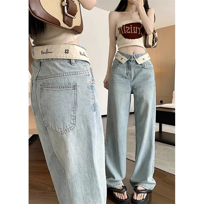 JazzHer Women Jeans Cuffs Wide Leg Pants High Waist Pockets Button Solid Colour Vintage Full Length Straight Trousers Casual Denims