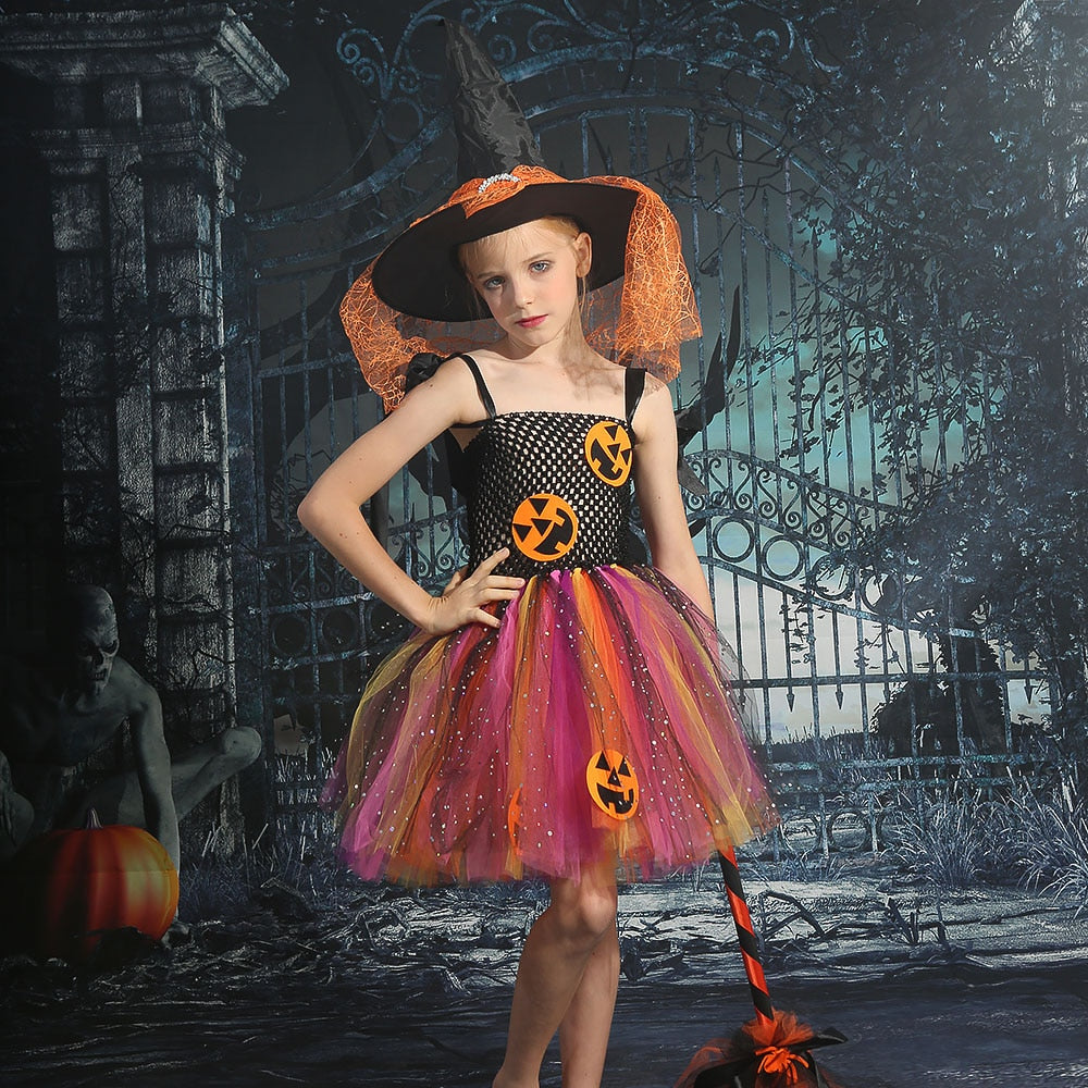 JazzHer Halloween Awakecrm Halloween Girls Tutu Dress Rainbow Tutu For Kids Carnival Party Costume Tulle Dresses With Hat Broom Pumpkin Monster Cosplay