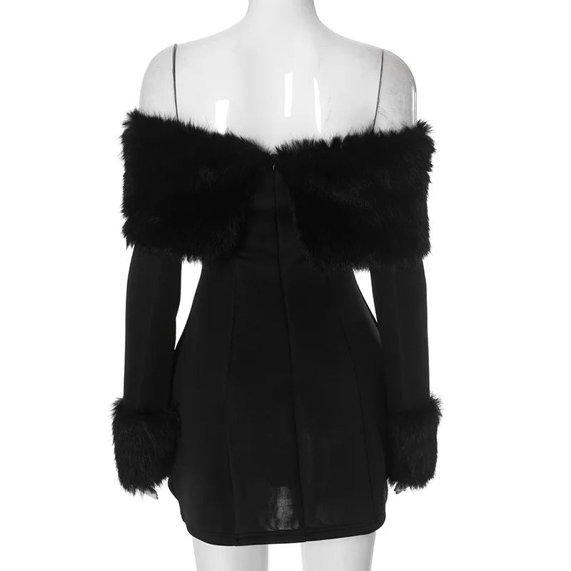 JazzHer Strapless Backless Fluff Sexy Dress For Women 2025 Robes Elegant Evening Party Dress Bodycon Mini Winter Dress Vestidos