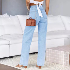 JazzHer Denim Women Jeans Straight Pants Washing High Waist Loose Fit Pockets Button Basics Solid Color Denims Casual Wide Leg Trousers