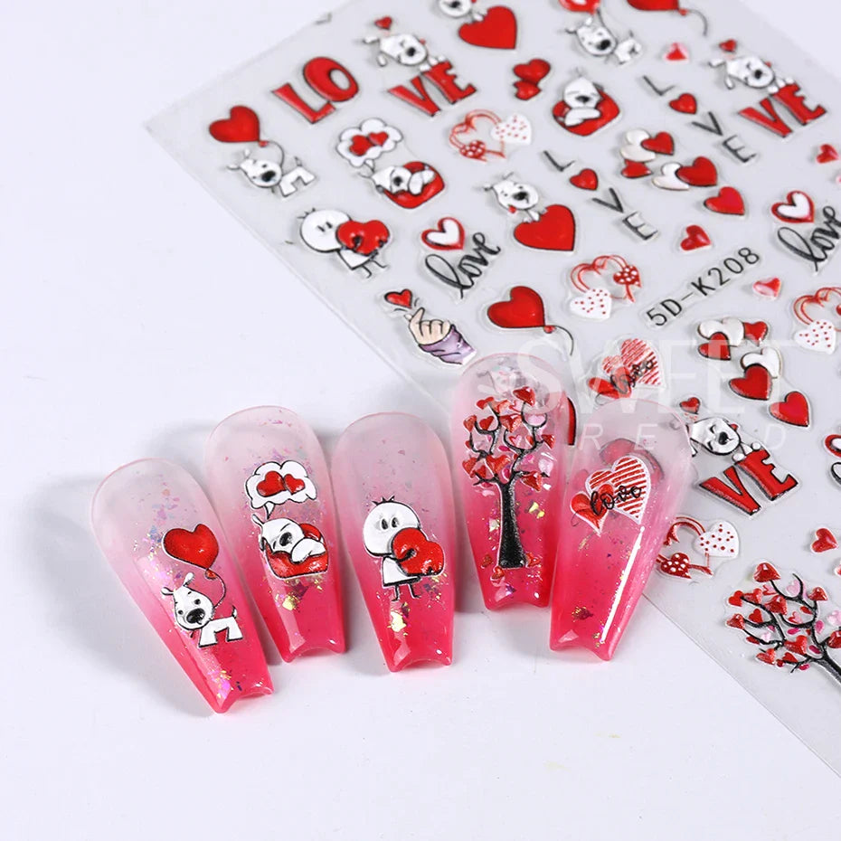 JazzHer 5D Acrylic Flowers Leaf Nail Art Stickers Embossed Love Heart  Nail Slider Decals Valentine's Day.Design Simple Manicure Decor