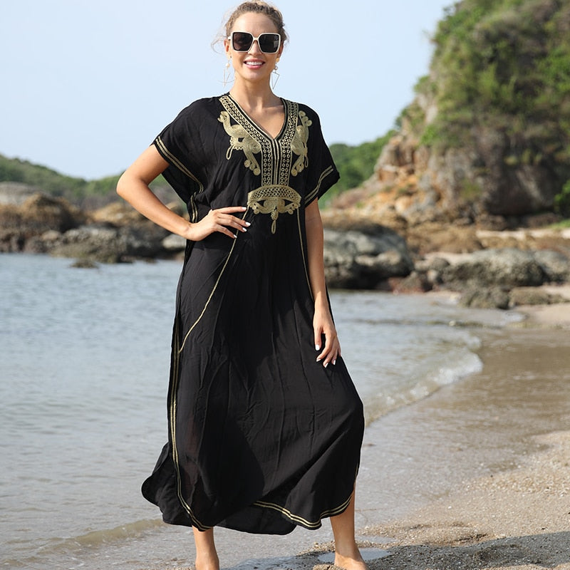 JazzHer 2024 Vintage Embroidery Kaftan Sexy V-Neck Batwing Sleeve High Waist Maxi Dress Tunic Women Clothing Summer Beach Dresses Q660