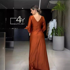 JazzHer Dress Women Sexy Long Dresses Solid Color Slim Fit V Neck Full Sleeve Tight Waist A Line Elegant Temperament Split Vestidos