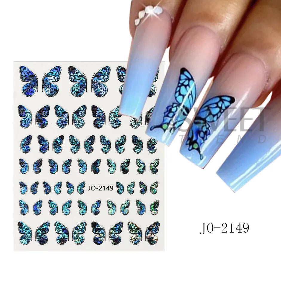 JazzHer 3D Bule Butterflies Nail Art Stickers Spring Cute DIY Charm Decal Wraps Adhesive Slider Decal Manicure Nail Art Decoration LYJO