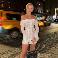 JazzHer White Lace Hollow Out Dress Women Strapless Backless Robe Elegant Evening Party Dress Bodycon Mini Autumn Dress Vestido