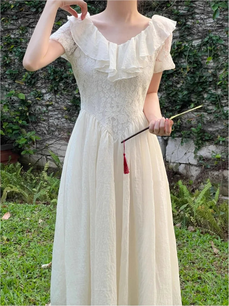 JazzHer New Summer Elegant Off Shoulder Midi Dress Women Lace Patchwork Ruffles A-line French Vintage Prom Robe Casual Vestidos 2024