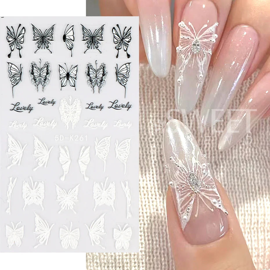 JazzHer 5D Black And White Butterfly Nails Stickers Luxury Embossed Nail Art Decals Cool Girl Text Lettering Sticker Manicure Decoration