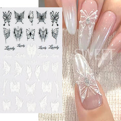 JazzHer 5D Black And White Butterfly Nails Stickers Luxury Embossed Nail Art Decals Cool Girl Text Lettering Sticker Manicure Decoration