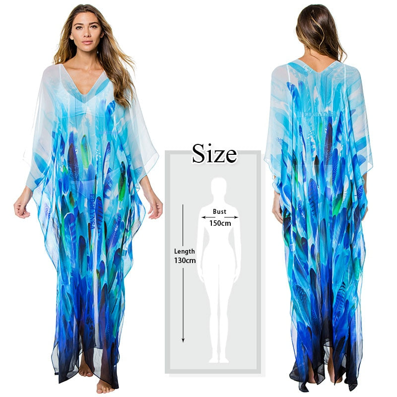 JazzHer 2024 Blue Bohemian Embroidered Batwing Sleeve Side Split Summer Beach Dress Chiffon Tunic Women Plus Size Beachwear Kaftan Q746