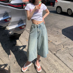 JazzHer Denim Straight Buttoned High Waist Streetwear Wide Leg Jeans Vintage Blue Jeans Long Pants Y2k Work Summer Blue Jeans Capris