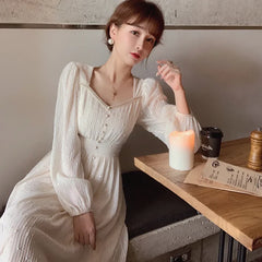 JazzHer French Vintage White Midi Dresses Women 2024 Summer New Fashion Elegant Princess A-Line Clothes Long Sleeves Party Ladies Dress