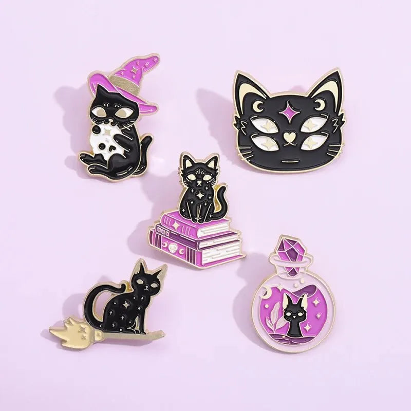 JazzHer 5pcs Magic Cat Metal Badge Alloy Halloween Brooch Purple Hat Potion Witch Black Cat Animal Cute