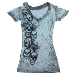 JazzHer Graphic Tie Dye V Neck Crop Tops Y2K E-girl Gothic Grunge Skull Print Tshirt 2000s Retro Emo Short Sleeve Slim Fit Tees Clothes