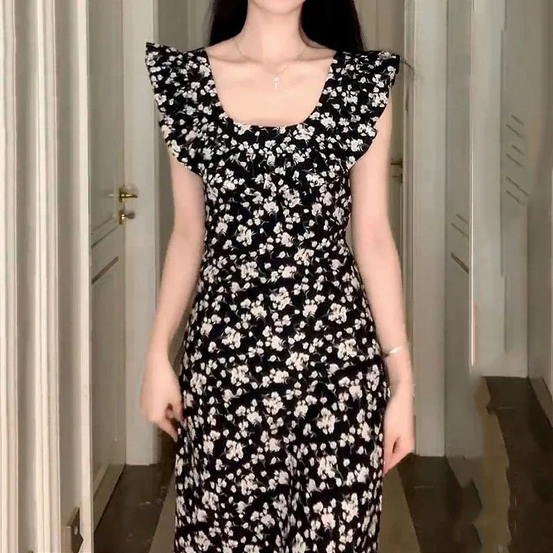 JazzHer Korean Style Hot Girl Floral Kawaii Dress Elegant Tighten The Waist 2024 Spring Summer New Dress Vintage Women Lovely Dress