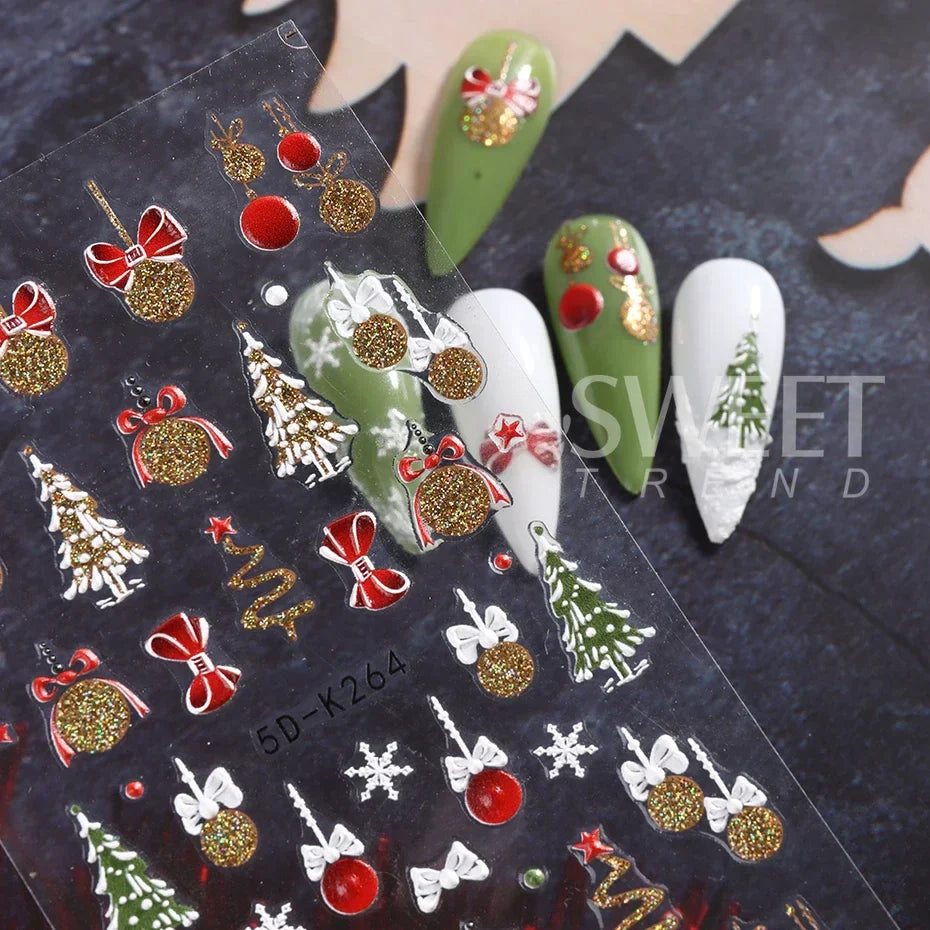 JazzHer Christmas Nail Sticker 5D Gold Glitter Snowflake Elk Penguin Bells Design Adhesive Nail Slider Decals Winter Manicure Decoration