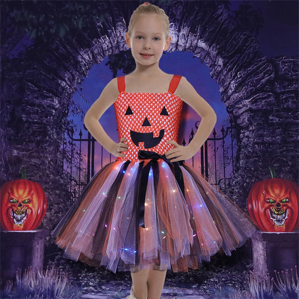 JazzHer Halloween Awakecrm Girls Halloween Pumpkin Costume With Led Kids Monster Tutu Dress For Carnival Party Children Clothes Light Tulle Dress Ball Gown