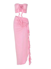 JazzHer EDOLYNSA Women Fashion 3D Flower Pleated Tank Top Lace Up Slit Skirt Suit Bodycon Nightclub Outfits Summer Partyclub Set A2976