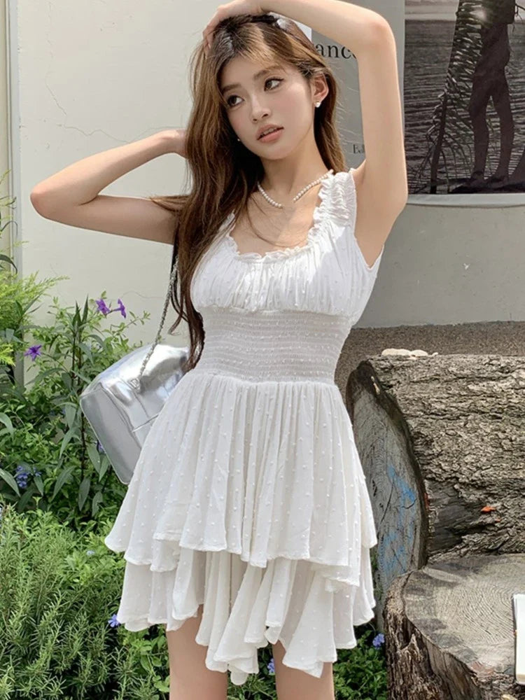 JazzHer Y2K Irreguar Cake Dress White Short Dresses for Women Sleeveless Ruffles A-line Korean Fashion Casual Summer Mini Vestidos Mujer