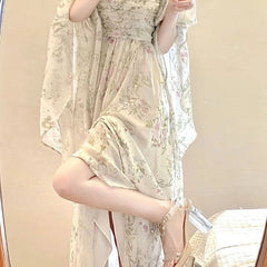 JazzHer 2024 New French Elegant Floral Midi Dress Woman Beach Casual Long Sleeve Even Party Dress Outwear One Piece Dress Korean Fashion