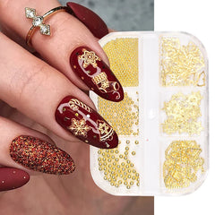 JazzHer Winter Gold Charm Nail Art Decoration 3D Hollow Christmas Tree Snowflakes Beads Design Metal Jewelry Manicure Flakes Parts LYS50