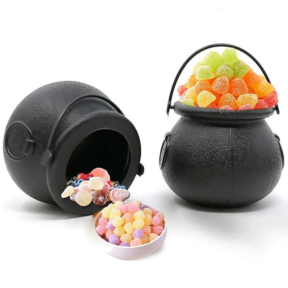 JazzHer Halloween Witch Cauldron Decoration,Mini Black Plastic Witches Cauldron,Halloween Candy Basket,Trick Or Treat Bucket