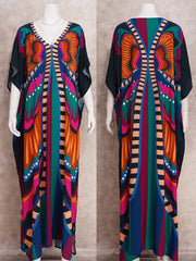 JazzHer Bohemian Butterfly Printed V Neck Batwing Sleeve Dresses For Women Clothing 2023 Beach Wear Causal Long Dress Vestidos Q1342